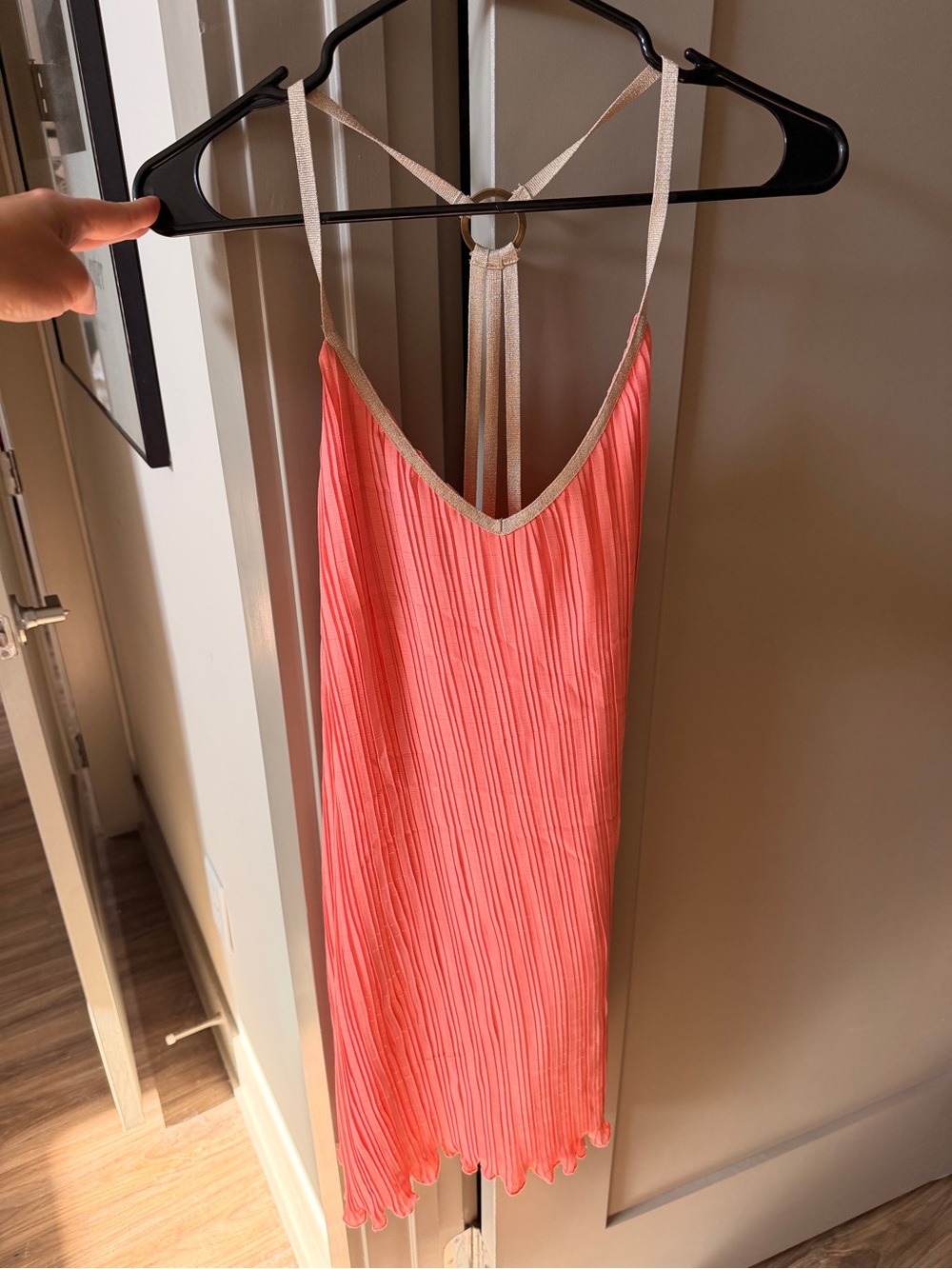 Nekane NKN Pleated Coral Slip Dress with Metallic Straps